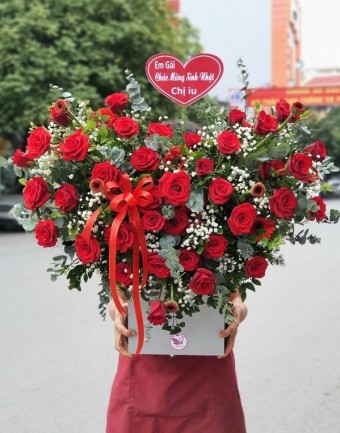 chúc mừng sinh nhật - giỏ hoa hồng đỏ